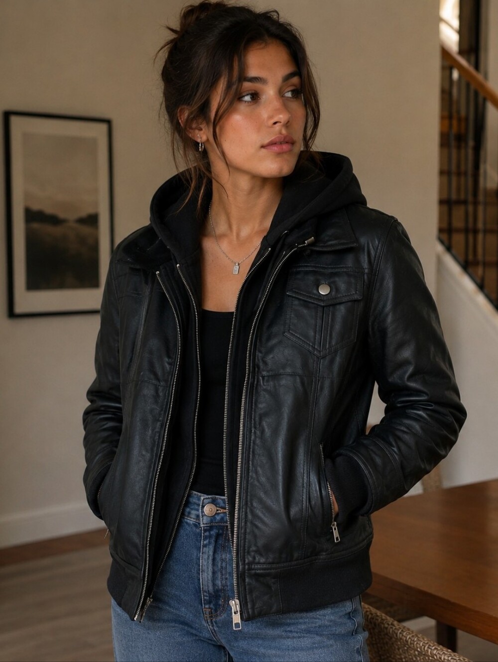 Women's Black Leather Hooded Jacket - Classic Moto Style